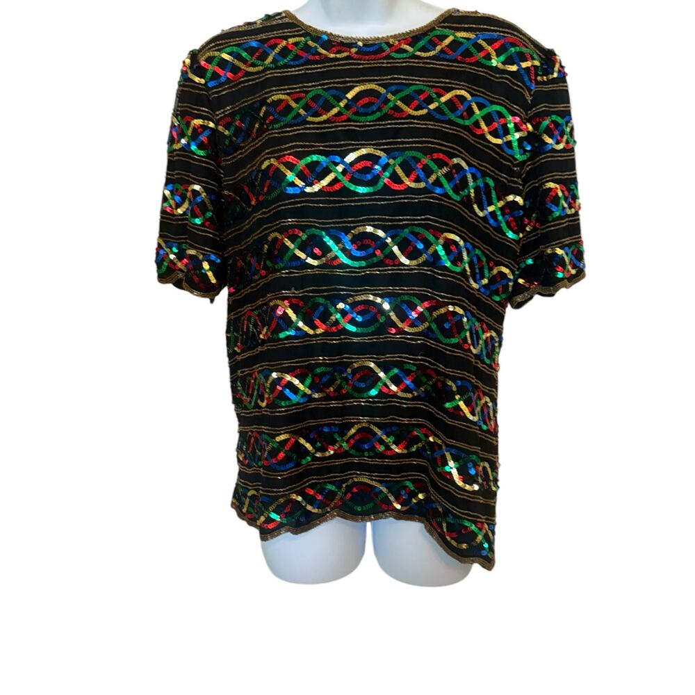 Vintage 80's Laurence Kazar Black Silk Beaded Top Multicolored Sequins Top    S